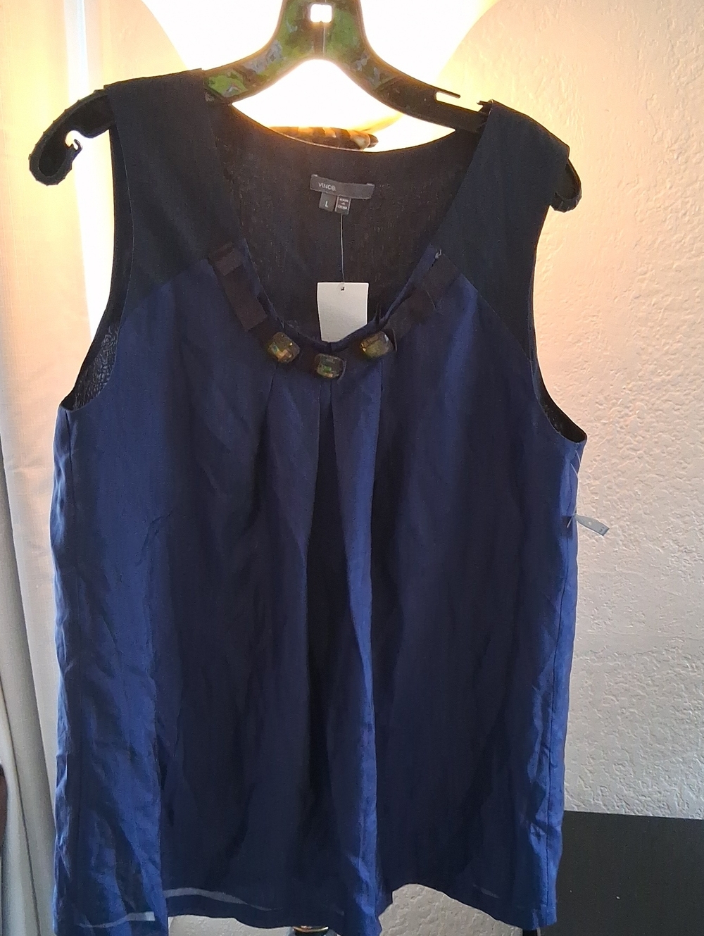 Vince Navy Blue Sleeveless Top with Beaded Neckline